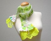holly go sprightly. whimsical knit cotton scarf . eco fashion accessories . vintage lace fabric ruffles . spring green sunny yellow white