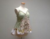 green tea. women's camisole top . upcycled altered clothing bohemian prairie shabby tattered mori gypsy floral doily eco chic summer fashion