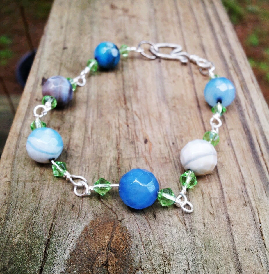 Beaded Silver Chainlink w Striped Dyed Agate Gemstone Bracelet