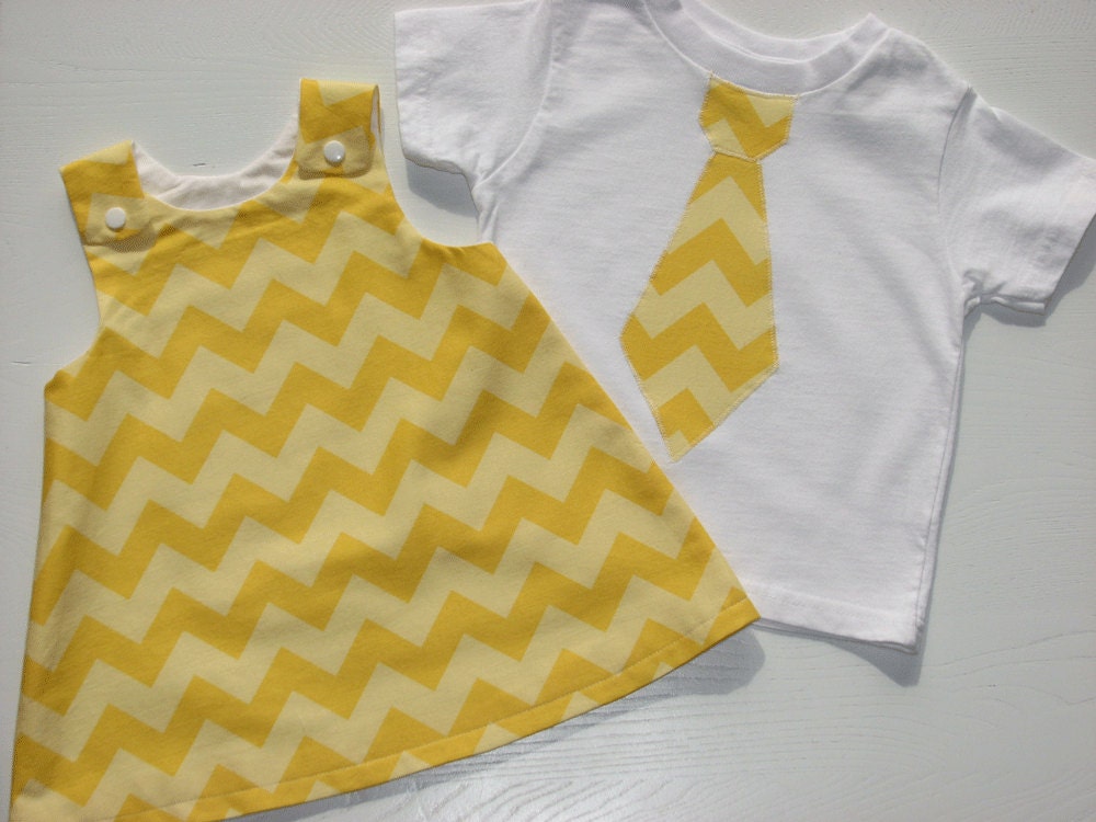 STELLA. Sunshine Chevron.  A Line Jumper Dress and Tie T-shirt or Onesie. Brother Sister Matching Pair. Modern Easter Pair.
