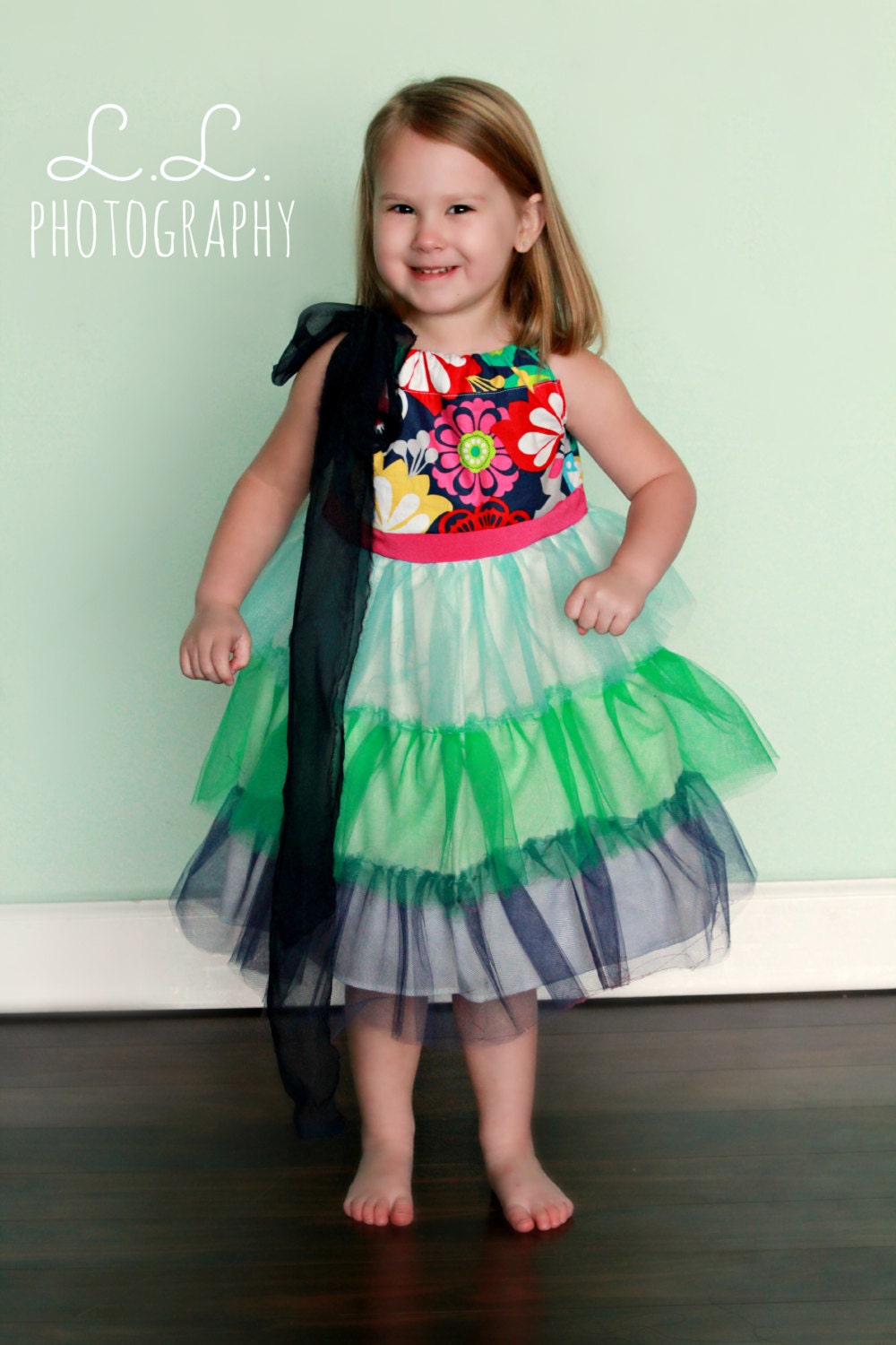 Tiered princess dress- Cotton and Tulle Dress in Mint, Green, and Navy - sizes 6-12mo, 18-24mo, 2T, 3T, 4T, 5/6 - larger sizes available