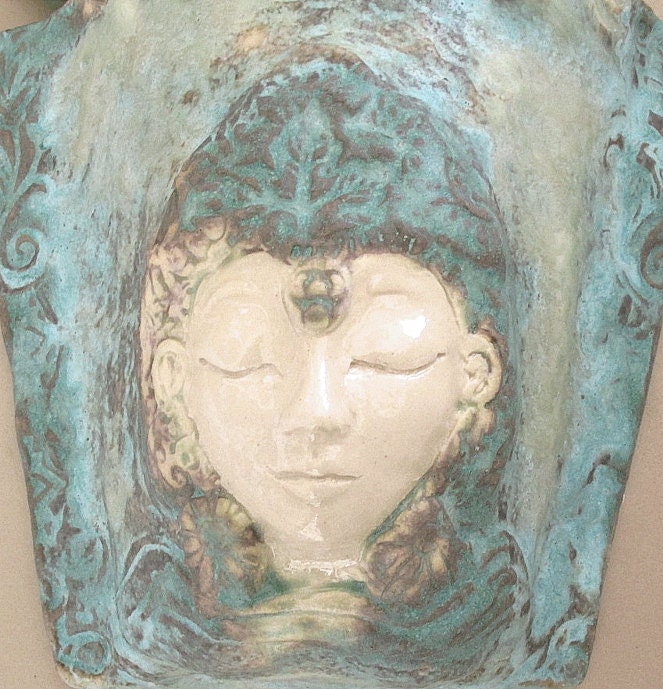 White Tara Wall Pocket With Weathered Bronze Glaze - Folk Sculpture Ceramic Porcelain Garden Art Planter Original Sculpture Vessel