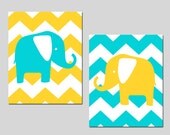 Modern Chevron Elephant Duo - Set of Two 11x14 Chevron Zig Zag Prints - Kids Wall Art for Nursery - Choose Your Colors
