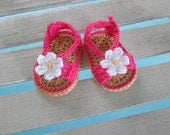 Baby Shoes Handmade Crochet Sandals Daisy Infant Kids - Hot Pink with Daisy