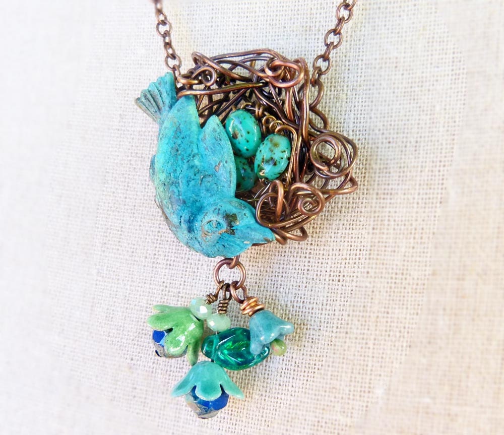 Bird Nest wire wrapped torch fired enamel necklace