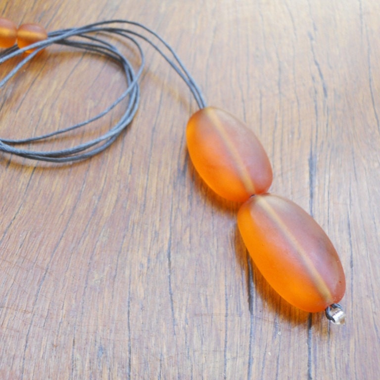 Resin bead necklace juicy orange double drop ovals on cotton cord