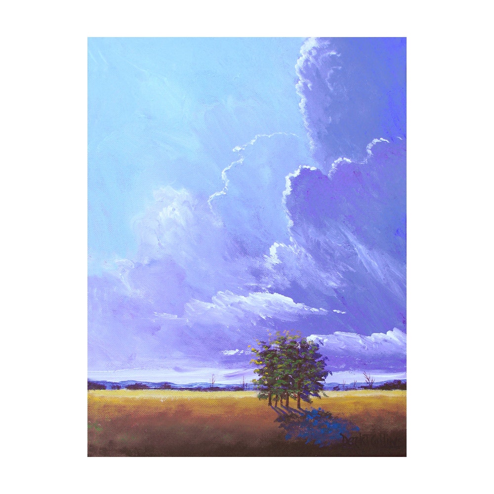 Landscape painting original acrylic Sunset field Light shining Trees tree clouds impressionist  purple blue 12X16 on canvas