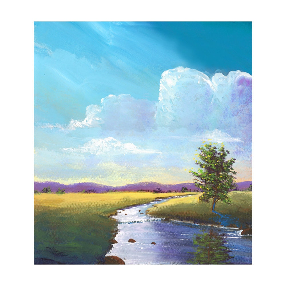 Original Landscape painting acrylic Sunset field Light shining Trees tree clouds impressionist  purple blue 12x16 on canvas