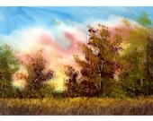 landscape painting original Watercolor Landscape  Fall trees sunset  realism art 5x7 on paper