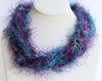 Purple teal blue fashion skinny scarf snecklace boa fringe yarn