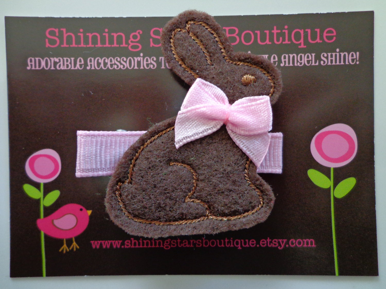 Baby Girl Hair Accessories - Felt Hair Clip - Chocolate Brown Embroidered Boutique Easter Bunny Hair Clippie - Only Light Pink Available