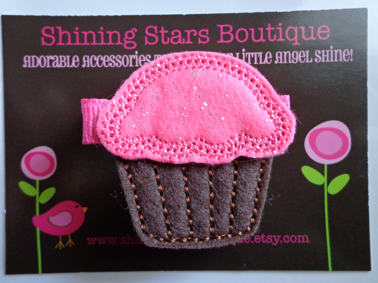 Felt Hair Clips - Brown And Hot Pink Embroidered Boutique Felt Cupcake Hair Clippie - Sweet Shoppe Or Candy Themed Party