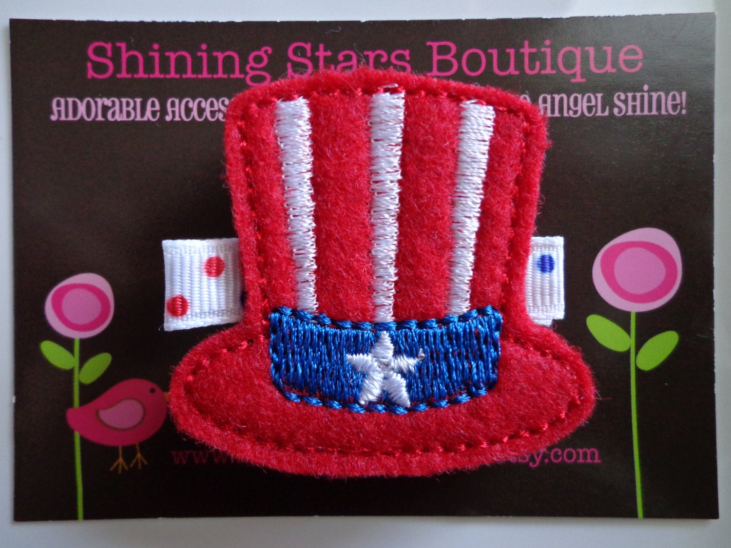 Girls Hair Accessories - Felt Hair Clips - Patriotic Red, White, And Royal Blue Embroidered Boutique Felt Hat Hair Clippie For Girls