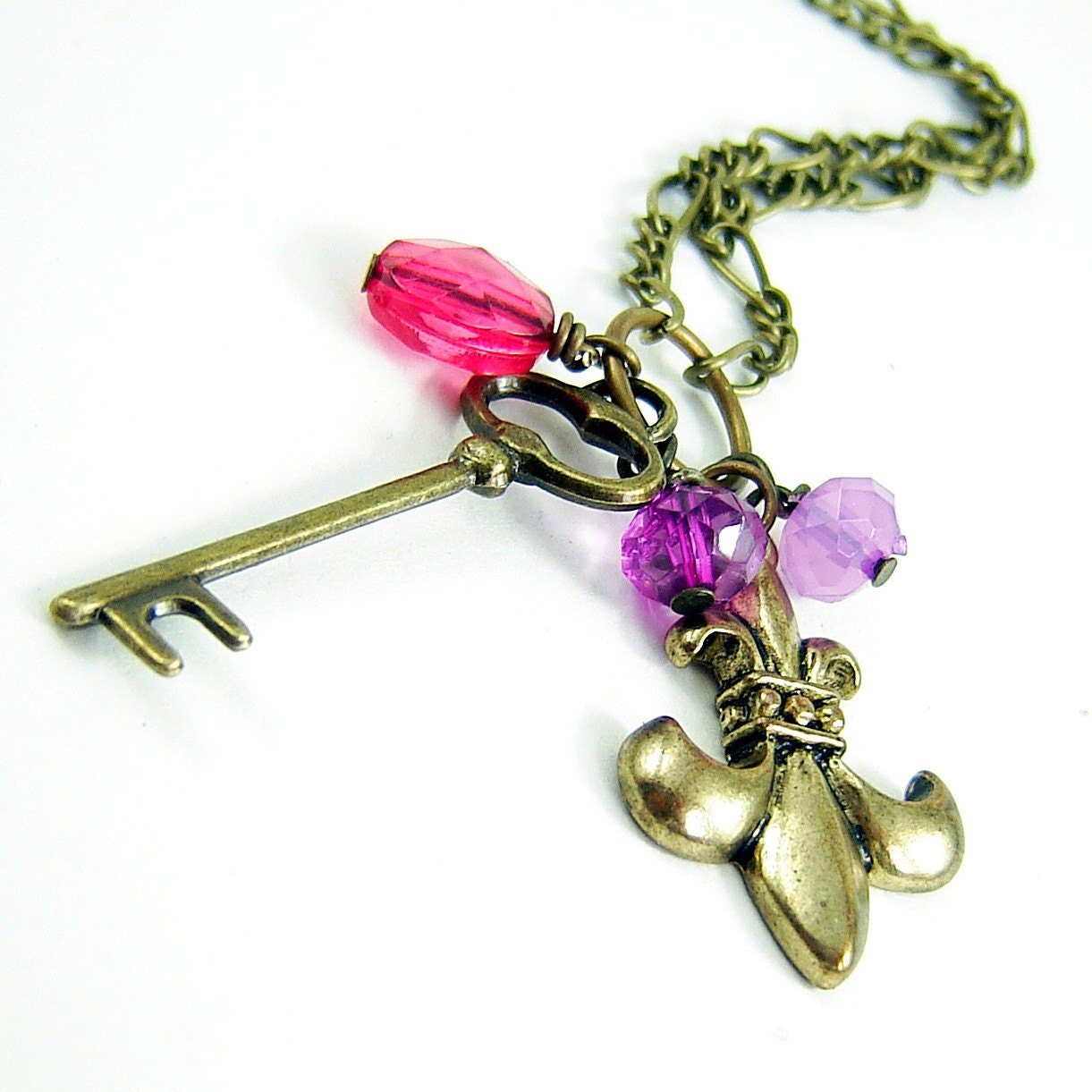 Beaded Charm Necklace Brass Skeleton Key