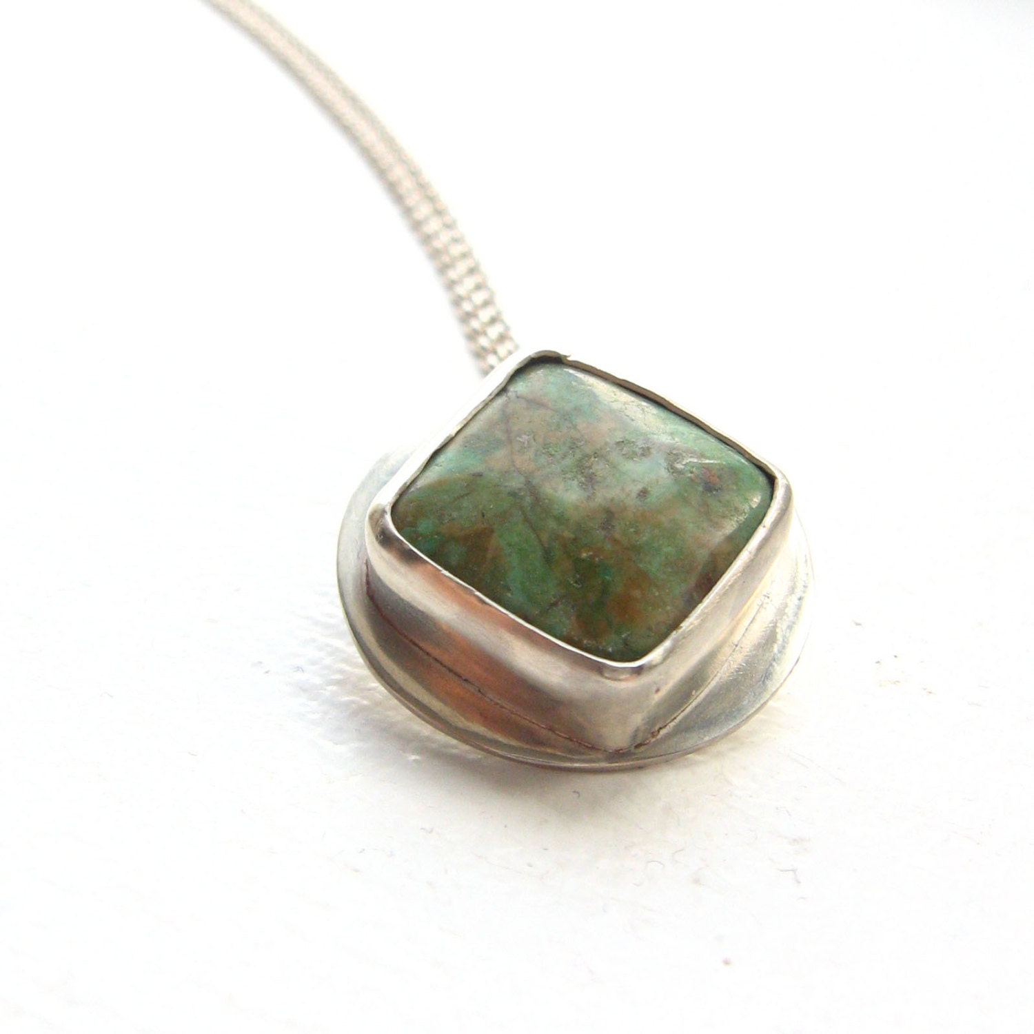 Murky Sea Chrysocolla Sterling Silver Diamond Circular Pendant Necklace