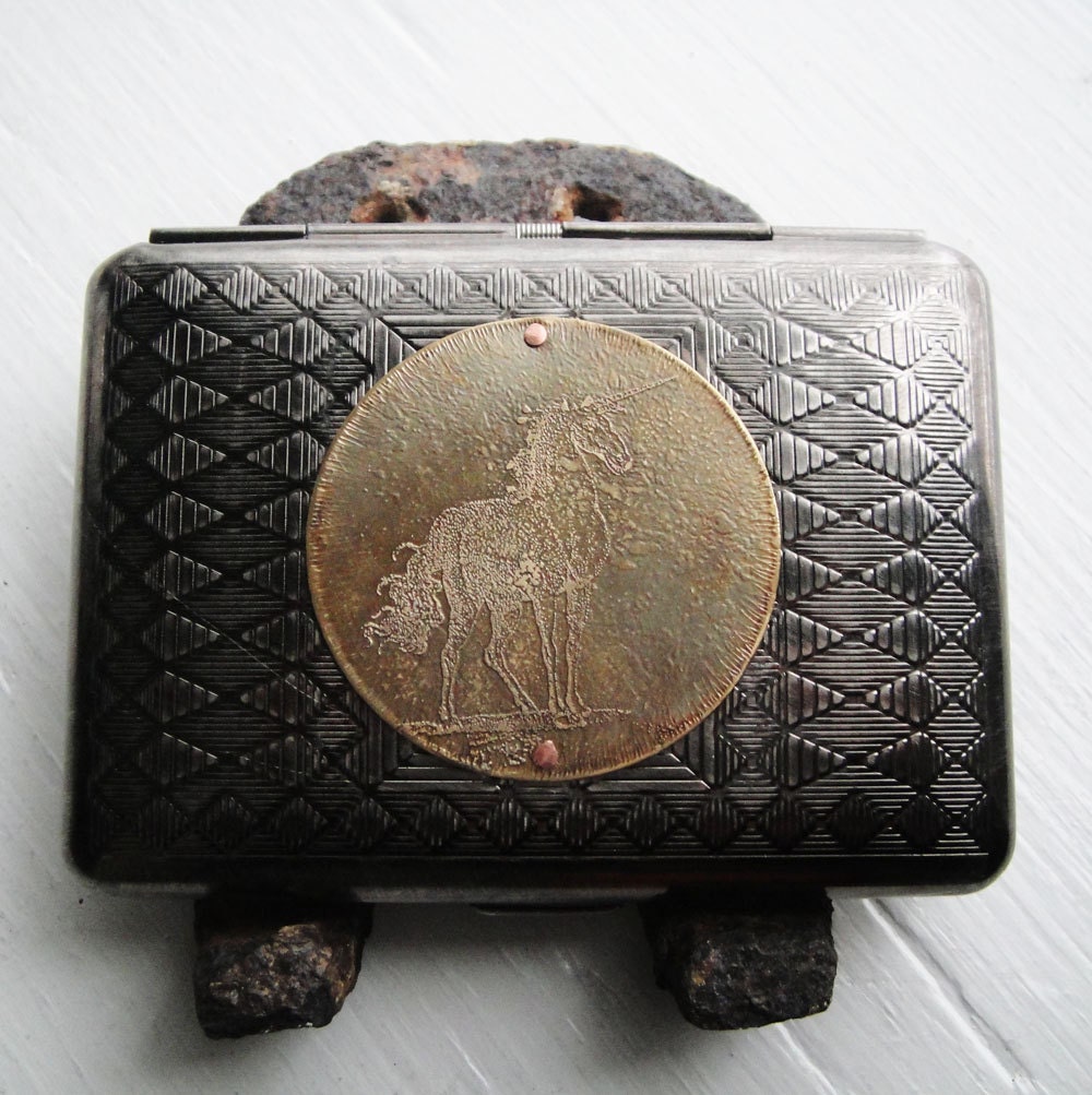 Magical Unicorn Etched Wallet / Cigarette Case in Tribal Steampunk - Acid Bath Series