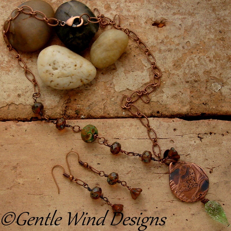 TWEET ME - Necklace and Earring Set - Handmade Etched Copper, Handmade Lampwork Beads, Czech Glass, Antiqued Copper