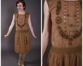 Vintage 1920s Dress - Chocolate Brown Cotton Voile Drop Waist Dress with Embroidery