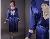 Vintage 1930s Dress - Early 30s Gleaming Silk Charmeuese Dress in Royal Blue with Brussels Lace