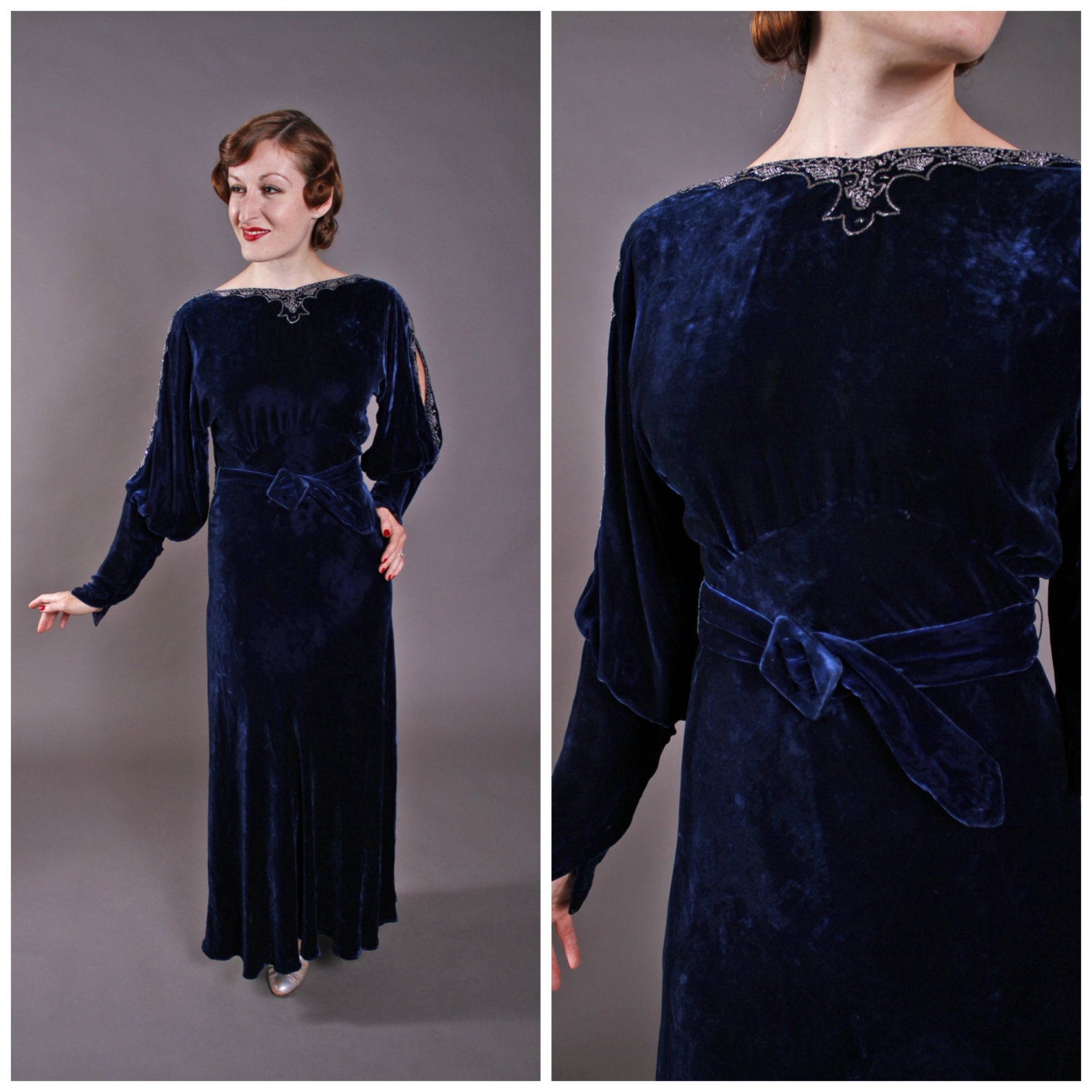 Vintage 1930s Dress - Elegant Deep Blue Silk Velvet Bias Cut Gown with Beadwork and Open Sleeves