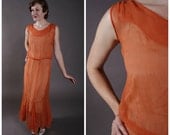 Vintage 1930s Dress - Sheer Silk Crepe Gown with Paneled Skirt and Shirred Velvet Accents