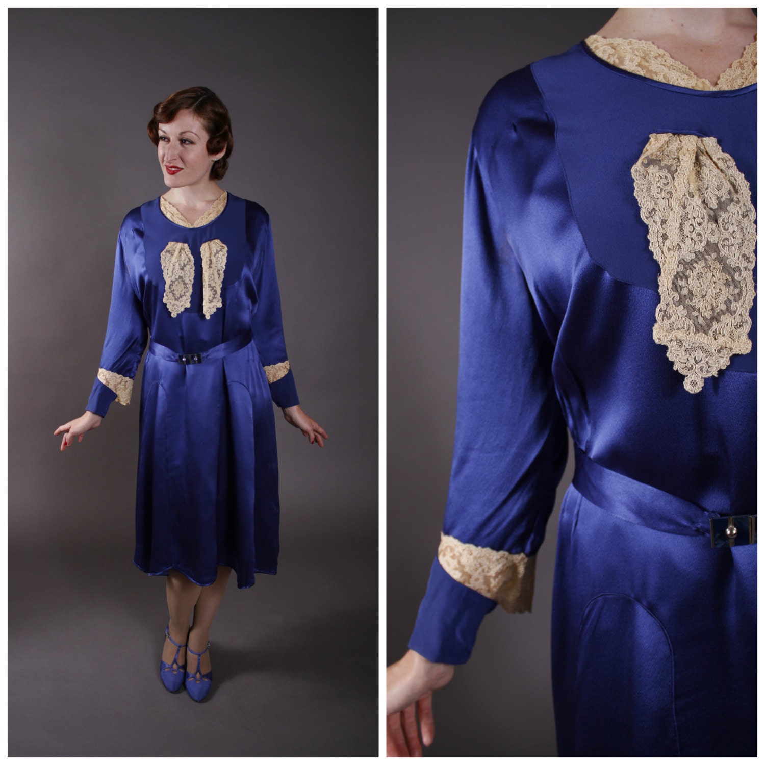 Vintage 1930s Dress - Early 30s Gleaming Silk Charmeuese Dress in Royal Blue with Brussels Lace