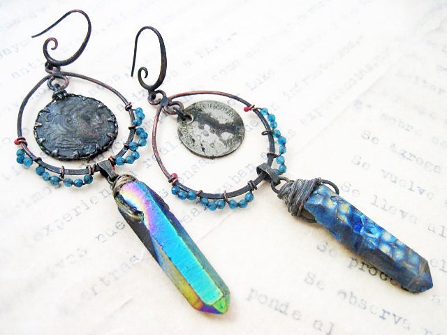 Harmonies. Iridescent Rustic assemblage earrings with coins and rainbow titanium crystal points.