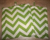 Set of 2 Potholders in Green and White Chevron fabric.