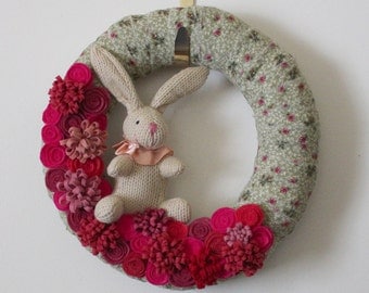 Rabbit Wreath, Nursery Wreath, Bunny Wreath, Green and Pink Wreath, 12 inch size - READY TO SHIP