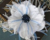 Feather Flower Fascinator with Navy Blue Vintage Accents, Bridal Hairpiece, White Wedding Headpiece, Ready to Ship in 1-3 Business Days