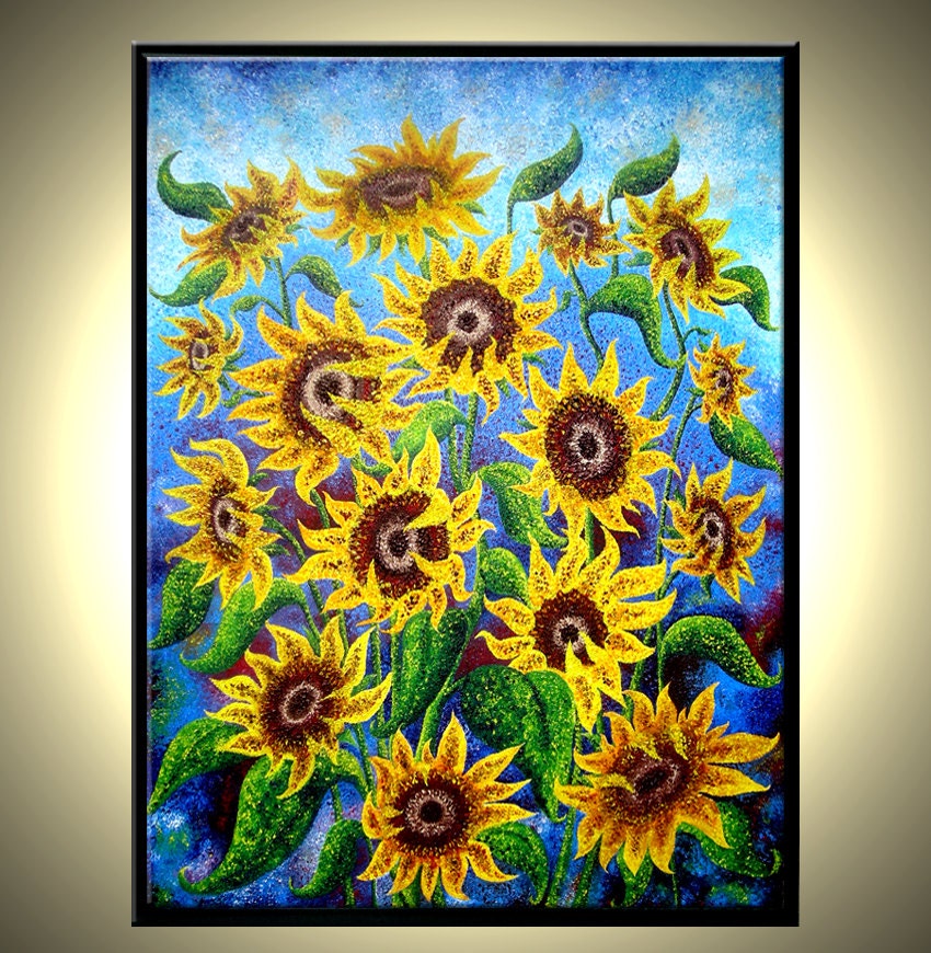 Original Pointillism Painting Sun Flowers Abstract Yellow SUNFLOWER Art Textured Impressionist PAINTING by Lafferty 48x36, Free Shipping