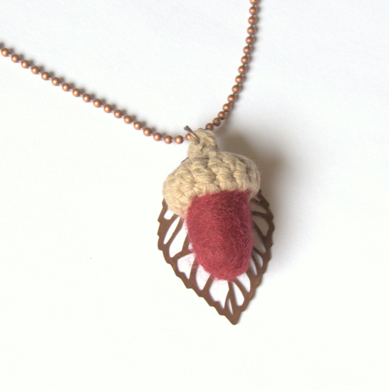 Felt acorn necklace Beige burgundy jewelry leaf charm boho woodland autumn Birthday Thanksgiving gift  Mother's day Wedding favor