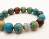 Sterling Silver CZ Pave Blue Jasper Bead Bracelet / Snakeskin Jasper, blue, brown, mahogany, earth tones / Bright Colorful Stacking Bracelet