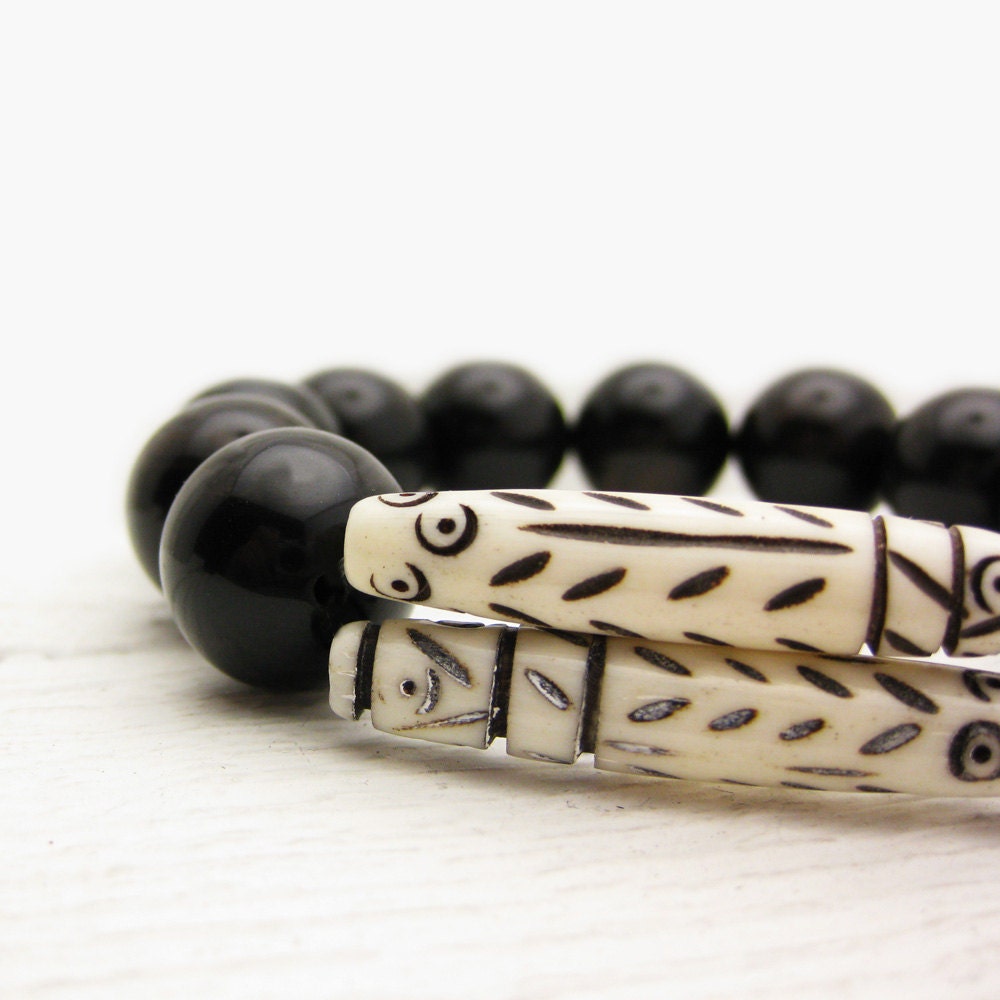 Tribal Bone Black Obsidian Statement Bracelet / Carved Ivory Bone Brown Flash Gemstones / Bohemian Stacking Bracelet / Earthy Natural Stones