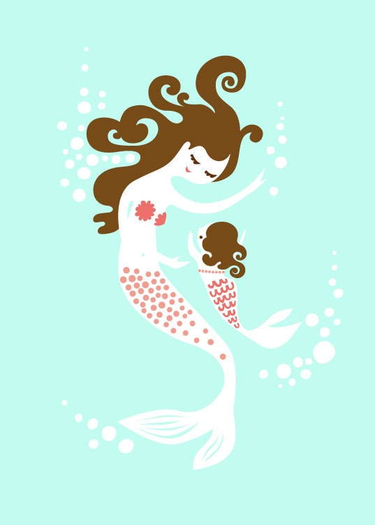 mermaid mother & daughter giclee art print on fine art paper. 5X7". aqua/coral/pink/brunette.