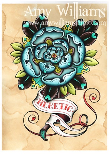 Blue Geometric Tudor Rose Heretic Tattoo Art A3 Print
