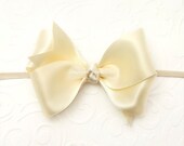 Ivory Baby Headband, Skinny Elastic Headband 2.5 inch Boutique Bow Satin Bow for Baptism Christening Weddings Newborn Baby Toddler Girl