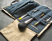 Makeup Bag - Marvellous Moveable Makeup - Brush Travel Roll - Dark Coffee Beige Floral, Black Lining