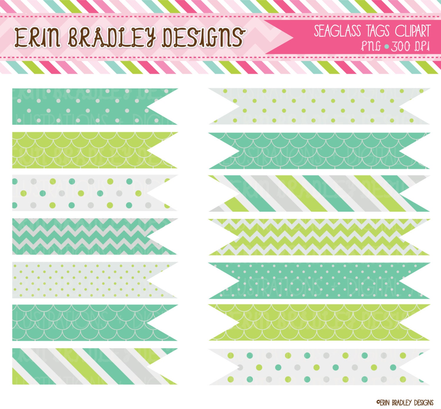 Seaglass Colored Text Flags Personal & Commercial Use Clipart Clip Art Graphics INSTANT DOWNLOAD