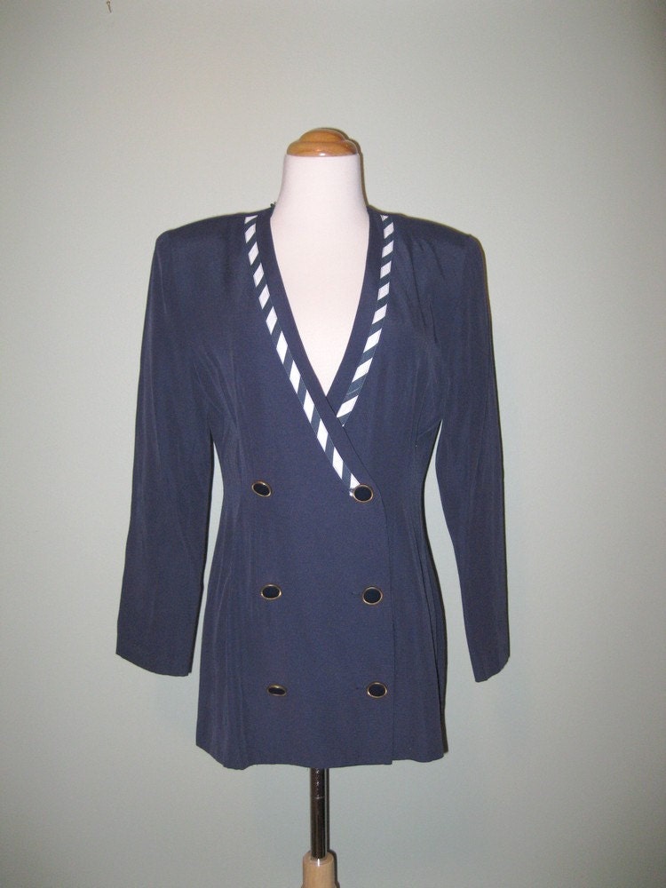 SALE - Vintage 80s Navy Blue White Stripe Blazer Jacket / Nautical / Women / XS / S