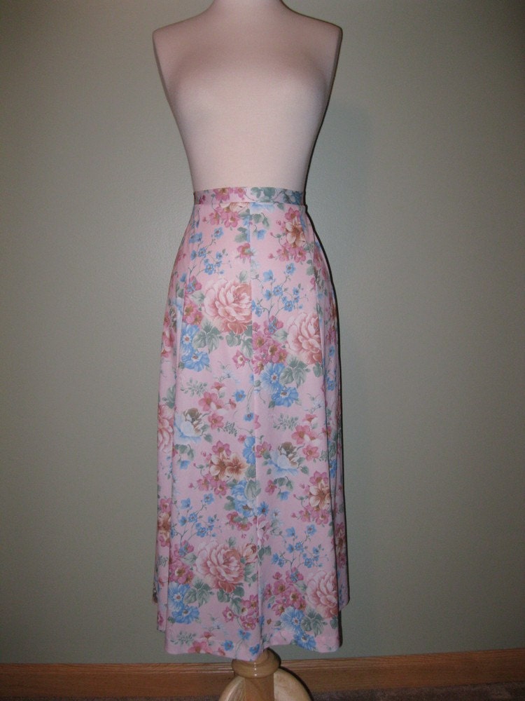 1980s Pink Floral Elastic Waist Midi Skirt / Women / Medium