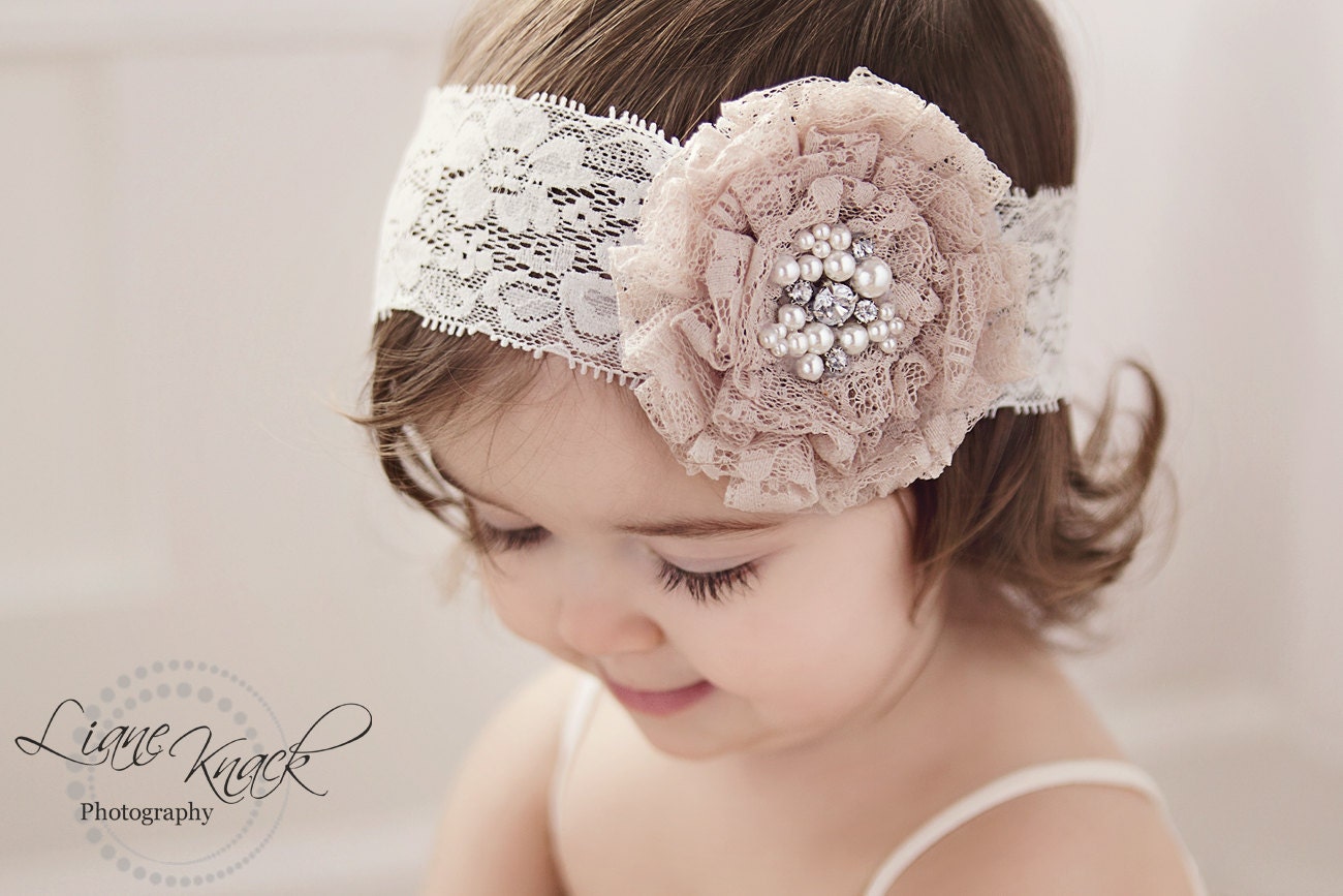 Ivory mocha Vintage Headband Rhinestones band Pearls Baby Girls Toddlers Boutique Shabby Chic Photography Prop Spring Easter