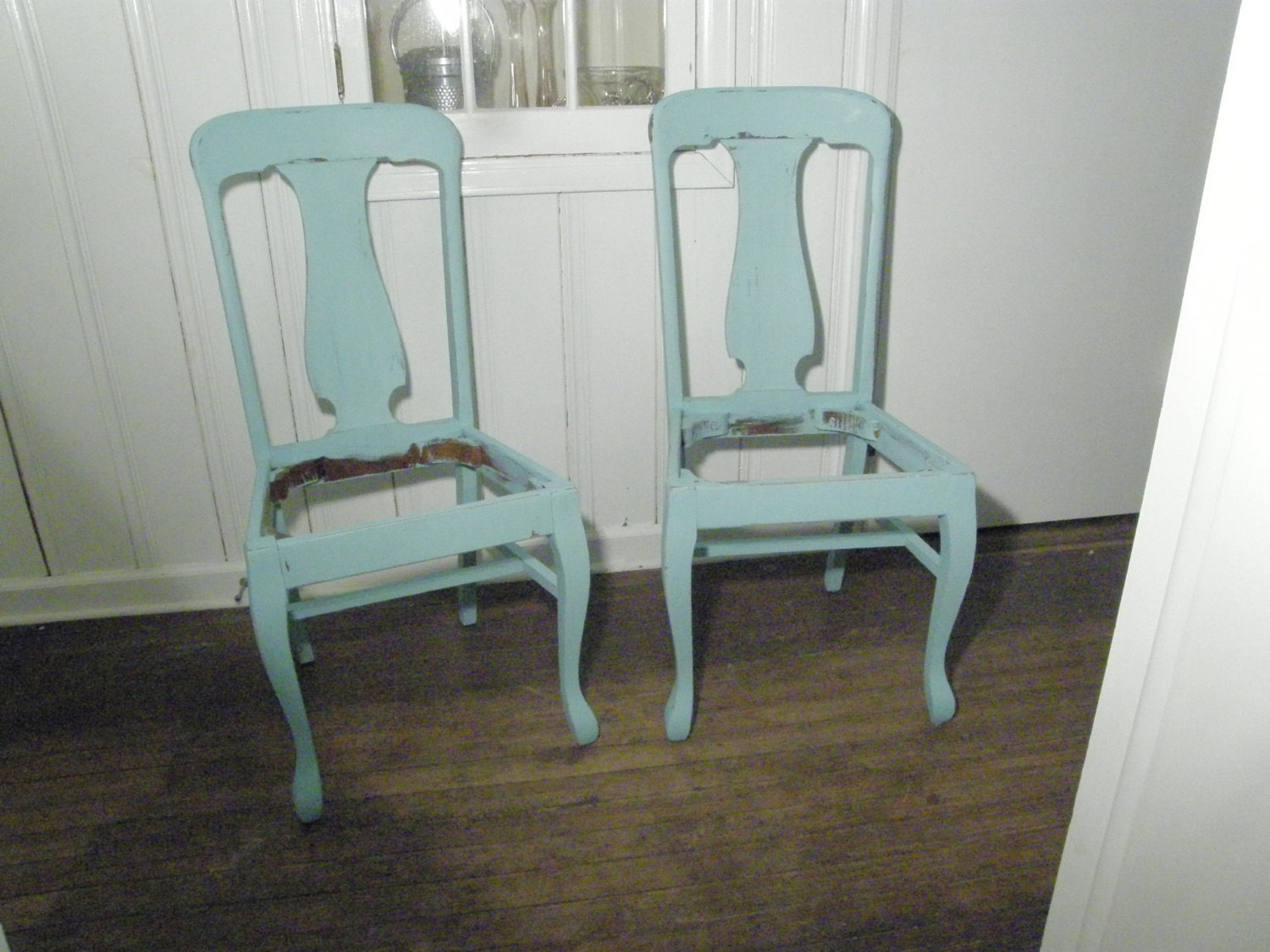 2 dining chair s shabby chic aqua blue distressed choose your fabric cottage