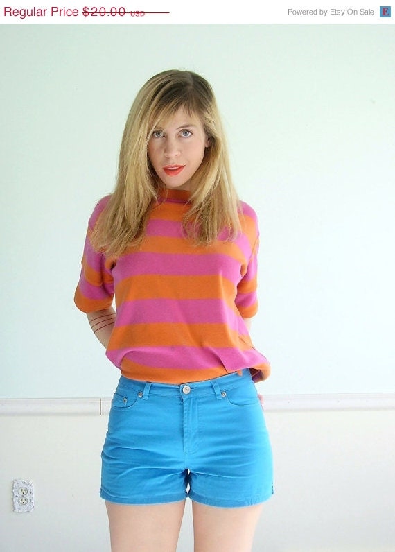 50% OFF. . . Cheshire Striped Vintage 80s Bright Pink and Orange SS T Shirt Top Medium M