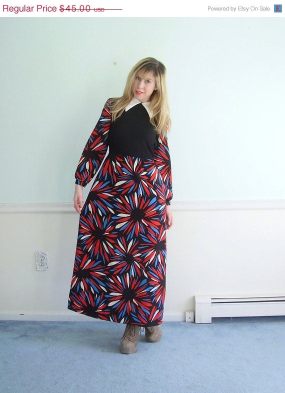 50% OFF. . . Firework Floral Vintage 60s 70s LS Mod Printed Hippie Maxi Dress SMALL S