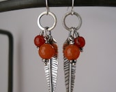 orange feather earrings, sterling silver, carnelian, aventurine, dangle earrings