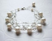 Three Strand Freshwater Pearl and Crystal Quartz, Sterling Silver Wire Wrapped Bracelet, Oval Chain, Triple, Multistrand, Bridal, Bride