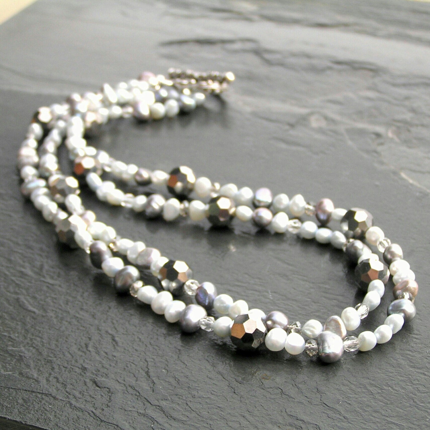 Grey Pearl Necklace, Freshwater Pearls, Beaded, Two Strands, Wedding Jewelry, Formal, Gray, Sophisticated, Bridal, Mother of the Bride