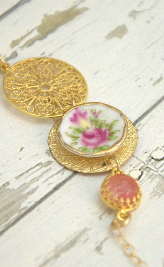 Bride Jewelry, Vintage Style Necklace, Gold Pendant Retro Necklace, Mother's Day, Herringbone Gold Filled Necklace