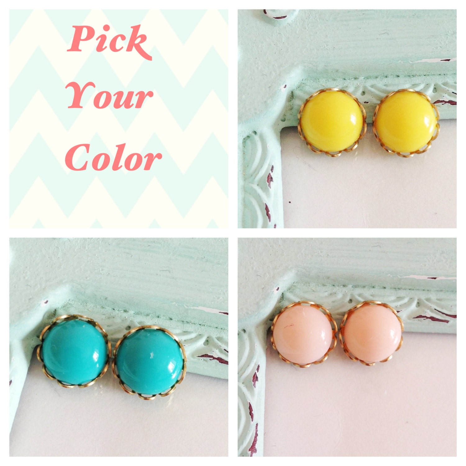 Itty bitty vintage stud earrings, teal, soft pink, yellow, pastel, stud